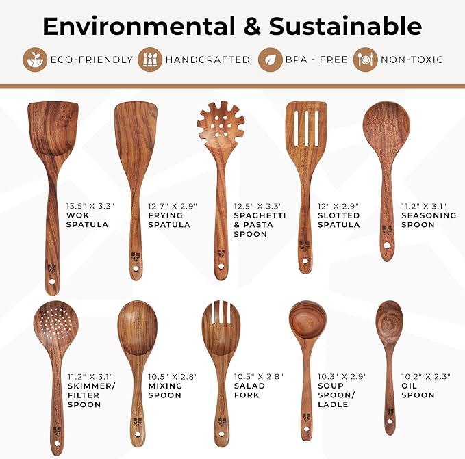 Wooden Spoons for Cooking – 10 Pcs Teak Wood Utensil Set, Nonstick Safe & Heat - Image 4