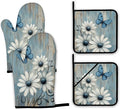 Blue Butterfly Oven Mitts and Pot Holders, Vintage Daisy Wooden Heat Resistant by Unknown