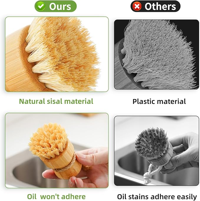 SUBEKYU Bamboo Dish Scrub Brushes, Kitchen Wooden Cleaning Scrubbers Set - Image 3
