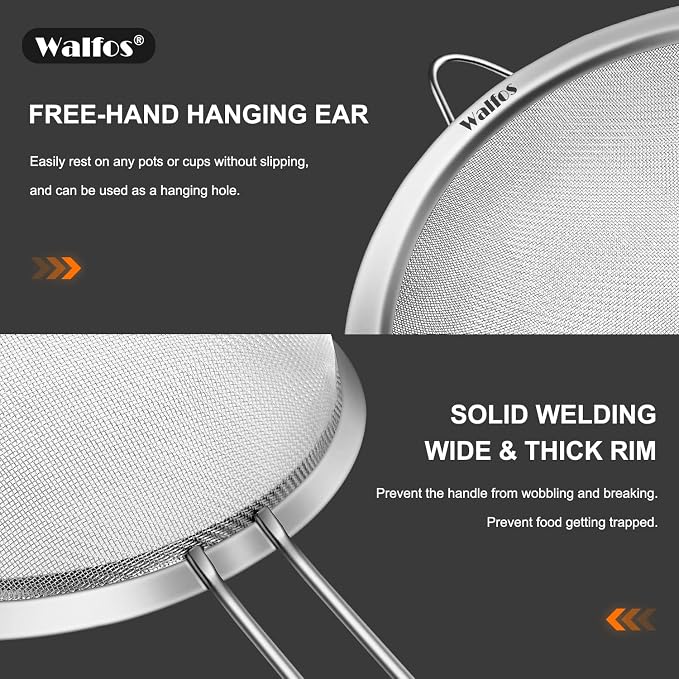 Walfos 9.35 Inch Large Fine Mesh Strainer, Stainless Steel 30 Mesh Sieve - Image 4