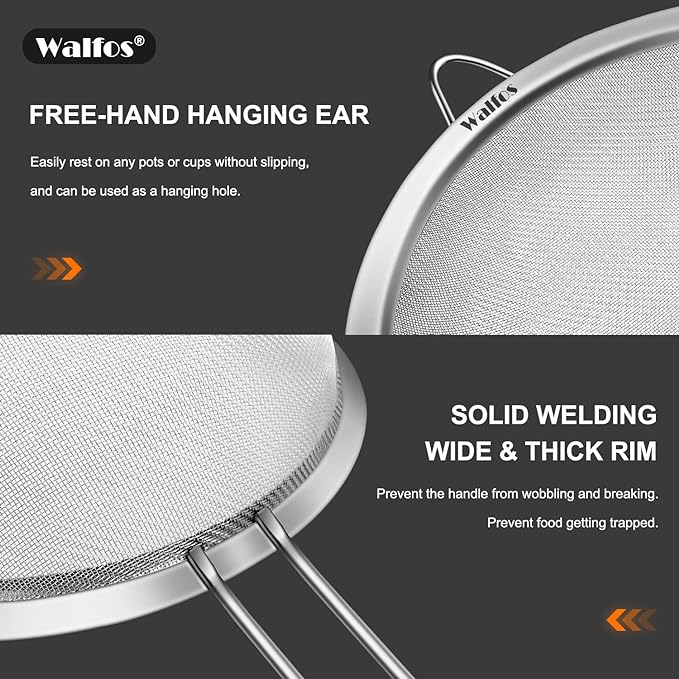 Walfos Large Fine Mesh Strainer 9.35" & 7.8", Stainless Steel Mesh Sieve - Image 4