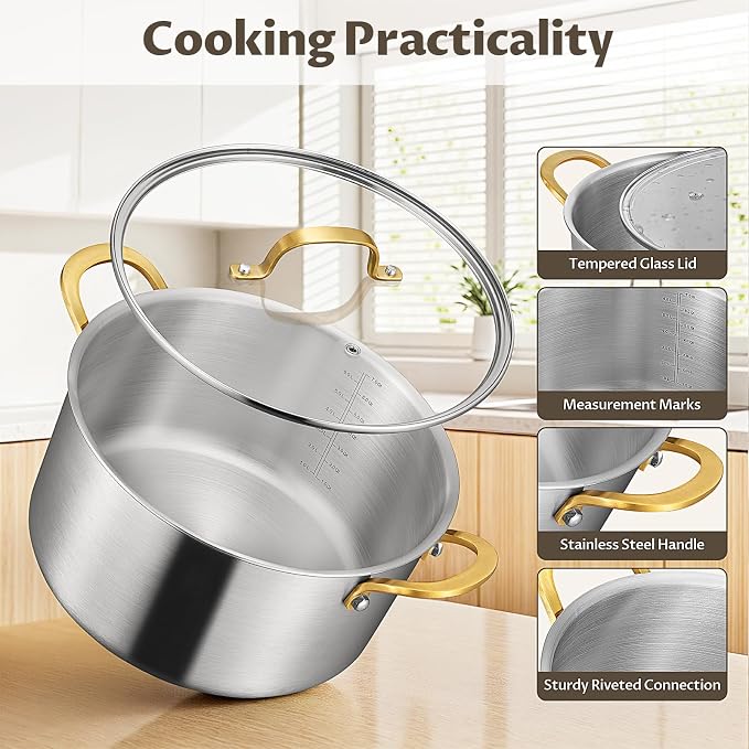 BEZIA 6 Quart 3-Ply Stainless Steel Stockpot, Soup Pot - Image 4
