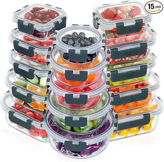 VERONES 30 Pieces Glass Meal Prep Containers Set, Stackable Glass Food Storage by VERONES