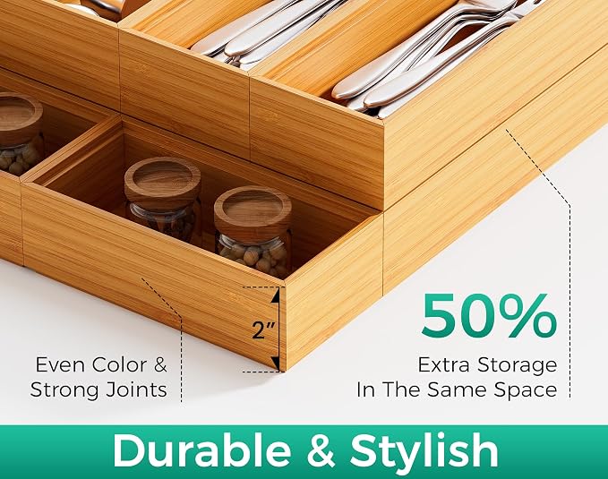 Bamboo Kitchen Drawer Organizer Boxes – 9" x 3" Stackable Wood Silverware - Image 9