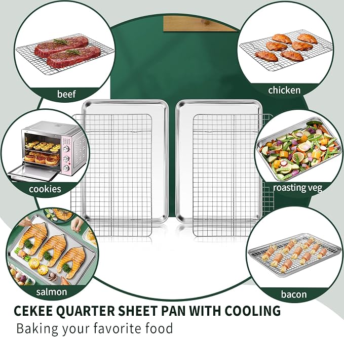Quarter Sheet Pan with Cooling Rack Set, CEKEE Stainless Steel Cookie Sheets - Image 5