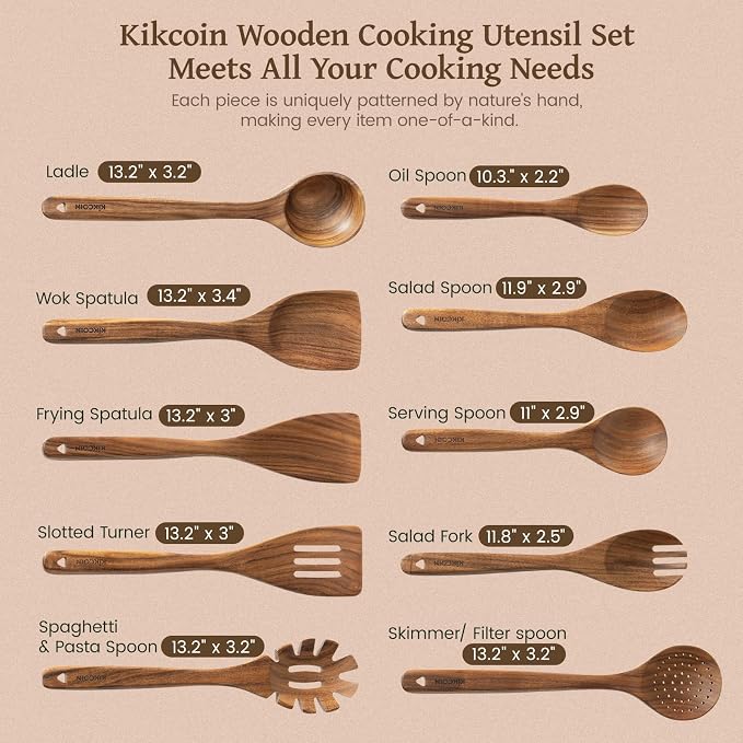 Kikcoin 10 PCS Durable Natural Teak Wooden Cooking Utensil Set, Non Toxic - Image 2