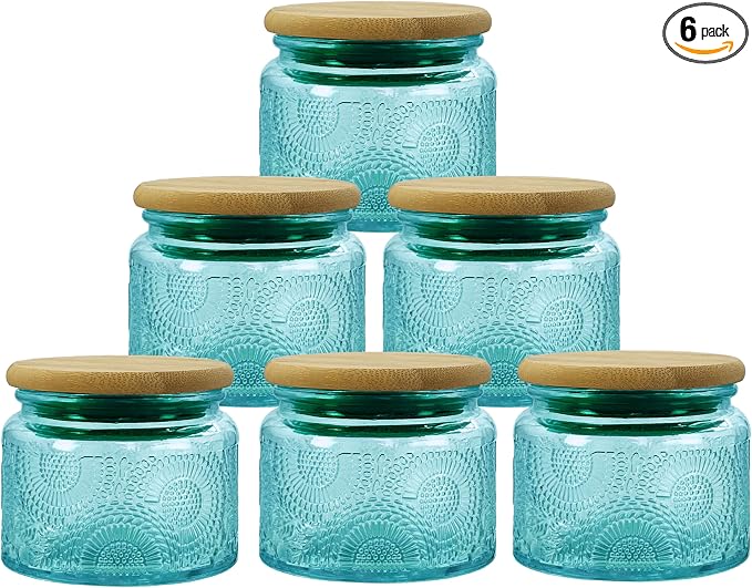 4 oz Blue Mini Glass Jars with Airtight Bamboo Lids 6 pack, Decorative Small by LINGSHINE