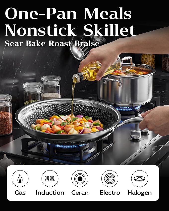 Nonstick Frying Pan with Lid 12-Inch, Durable Stainless Steel Skillet, - Image 4
