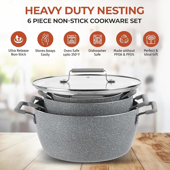 Granitestone Gray Pots and Pans Set Nonstick, 6 Stackable Piece Cooking Pots Set - Image 5