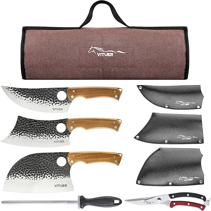 9 PCS Butcher Viking Camping Knife Set, 6.5" Viking Knife, 3 Knife Sheath by VITUER
