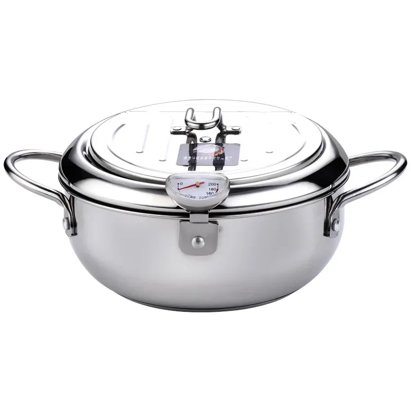 Japanese Deep Frying Pot with a Thermometer and a Lid 304 Stainless Steel Kitchen Tempura Fryer Pan24 cm pots and pans