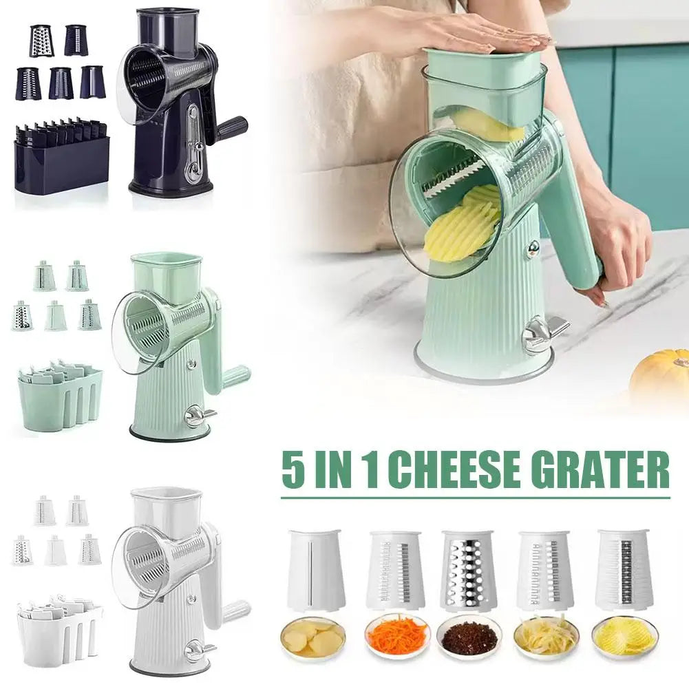 5 In 1 Rotary Cheese Grater With Handle Manual Vegetable Graters Shredder Slicer Nuts Grinder With Strong Suction Base