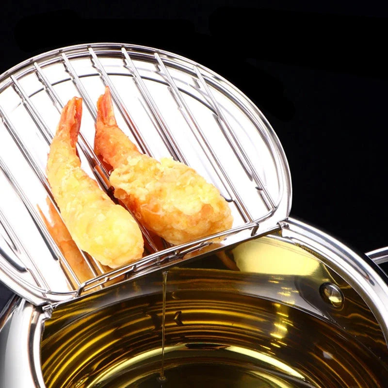 Japanese Deep Frying Pot with a Thermometer and a Lid 304 Stainless Steel Kitchen Tempura Fryer Pan24 cm pots and pans