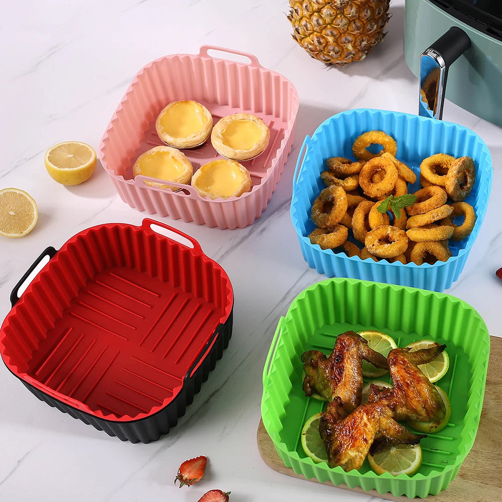 1PC Air Fryer Silicone Baking Tray Square Insulation Tray High Temperature Resistant and Easy to Clean Air Fryer Basket