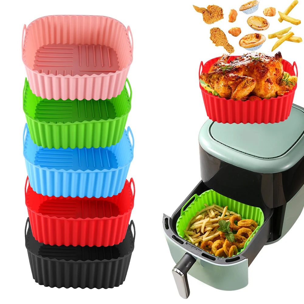 1PC Air Fryer Silicone Baking Tray Square Insulation Tray High Temperature Resistant and Easy to Clean Air Fryer Basket