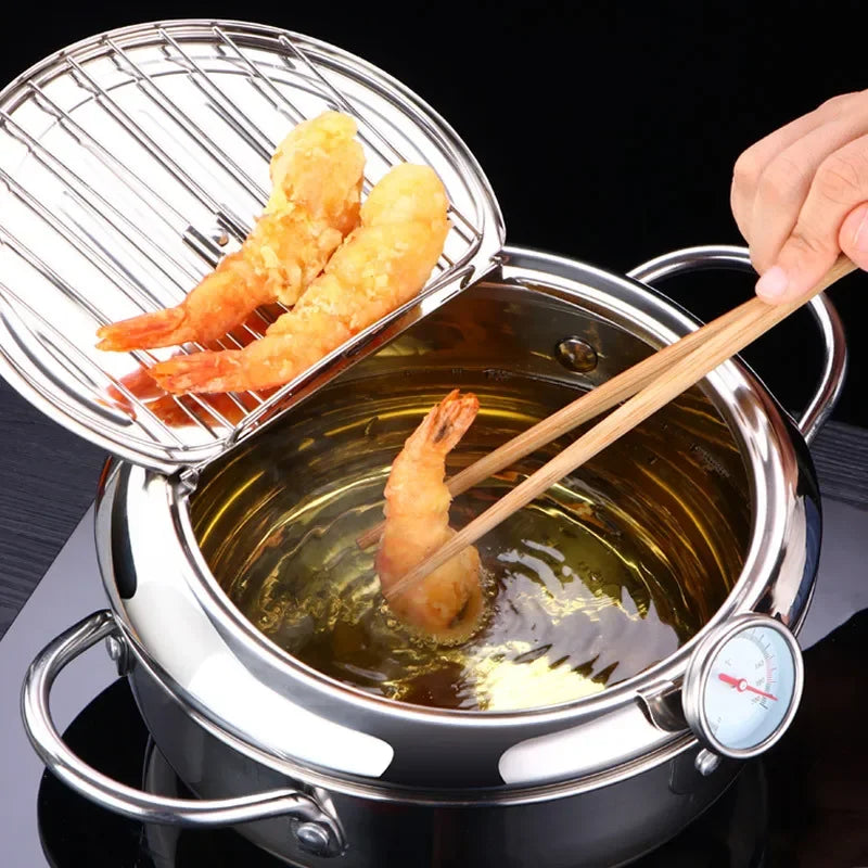 Japanese Deep Frying Pot with a Thermometer and a Lid 304 Stainless Steel Kitchen Tempura Fryer Pan24 cm pots and pans