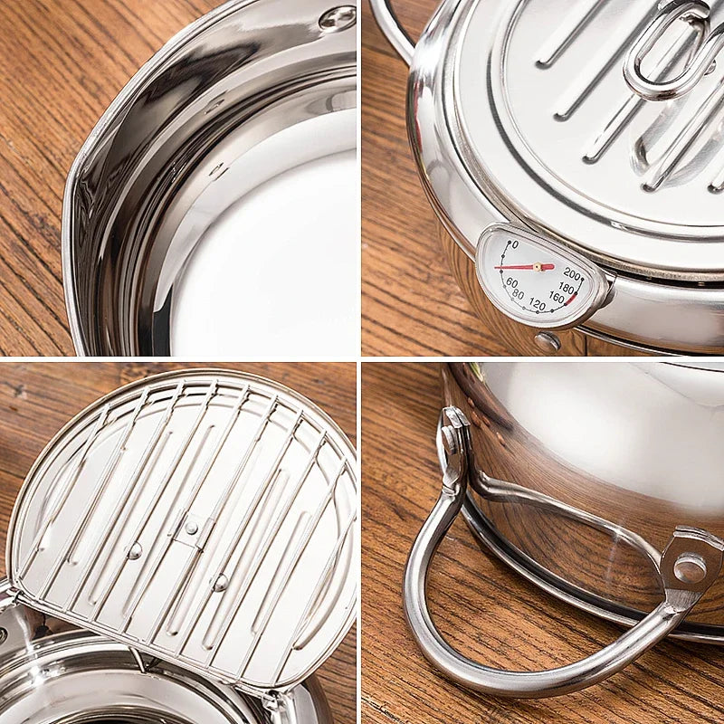 Japanese Deep Frying Pot with a Thermometer and a Lid 304 Stainless Steel Kitchen Tempura Fryer Pan24 cm pots and pans